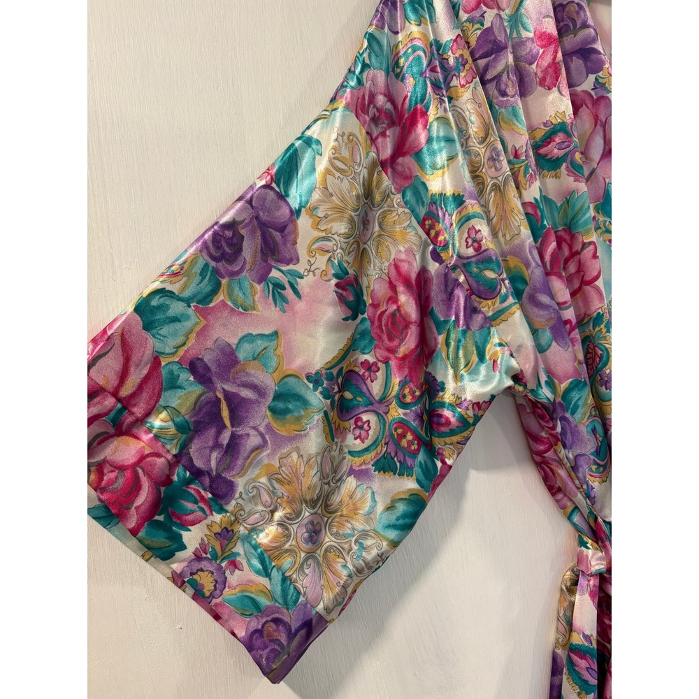 Vintage Adonna Woman Floral Satin Robe Pink Purple Paisley Kimono 2X USA - Picture 8 of 16